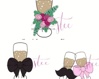 Champagne glasses Cookie Cutter. Floral Champagne Glasses Cookie Cutter. Wedding Cookie Cutter. Fondant Tool.