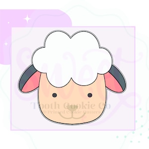 May include: A white sheep cookie cutter with a pink nose and black eyes. The sheep has a fluffy white head and a brown body.
