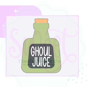 May include: A green bottle-shaped cookie cutter with a cork top. The bottle has a black label with the words "GHOUL JUICE" in white, bold letters. The cutter is designed for Halloween-themed baking and crafting.