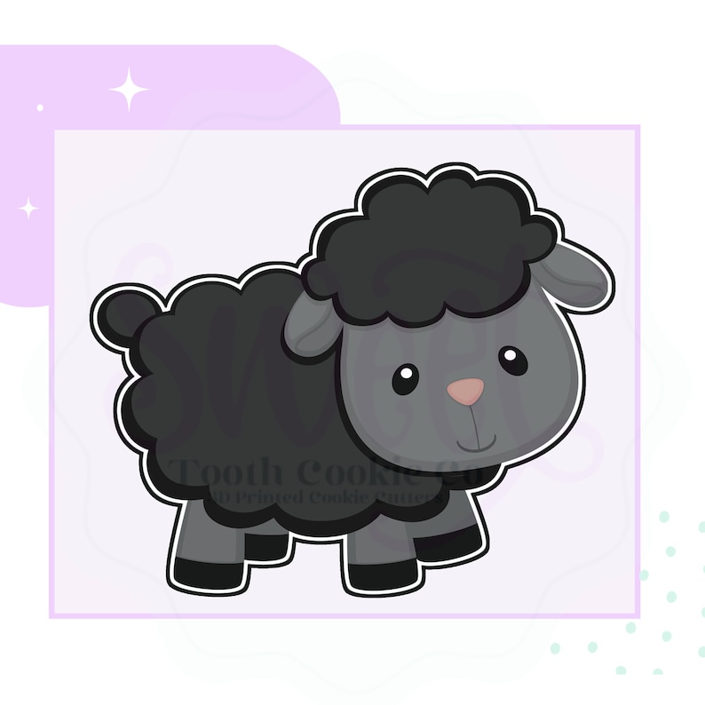 Op de afbeelding: Een zwart en grijs cartoon schaap met een pluche zwart hoofd en een roze neus. Het schaap staat op alle vier poten en heeft een vriendelijke uitdrukking.