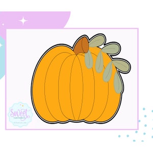 May include: A brown and orange pumpkin with a stem and green leaves on top. The pumpkin is outlined in black.
