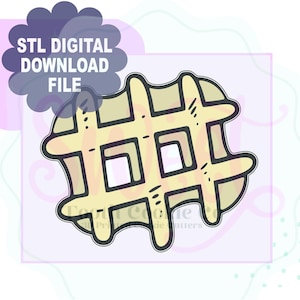 May include: A digital download file of a waffle-shaped cookie cutter. The cutter is light yellow with black outlines and details. The text "STL DIGITAL DOWNLOAD FILE" is in a dark blue cloud-shaped graphic.
