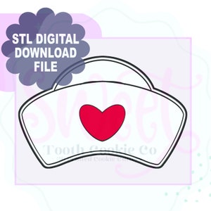 May include: A black and white outline of a nurse's hat with a red heart in the centre. STL Digital Download File.