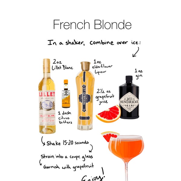 French Blonde Cocktail Recipe - Digital Illustration - Taylor Swift's Favorite Cocktail - Eras Tour Party Decor