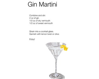 Gin Martini Cocktail - Modern Recipe Print - Digital Illustration