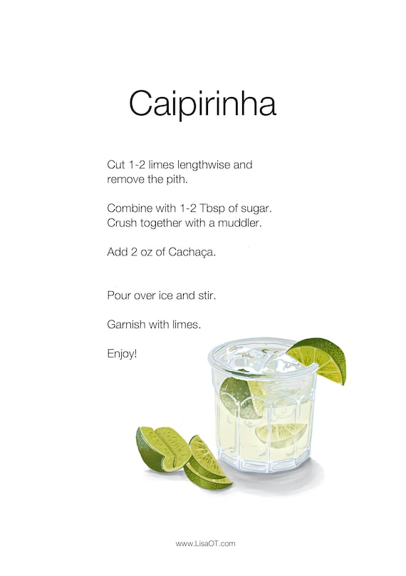 Caipirinha Cocktail - Modern Recipe Print - Digital Illustration