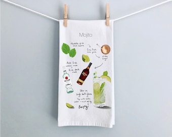 Mojito Bar Towel and Recipe Card, Tea Towel, Cocktail Recipe Bundle