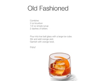 Old Fashioned Cocktail - Modern Recipe Print - Digital Illustrations