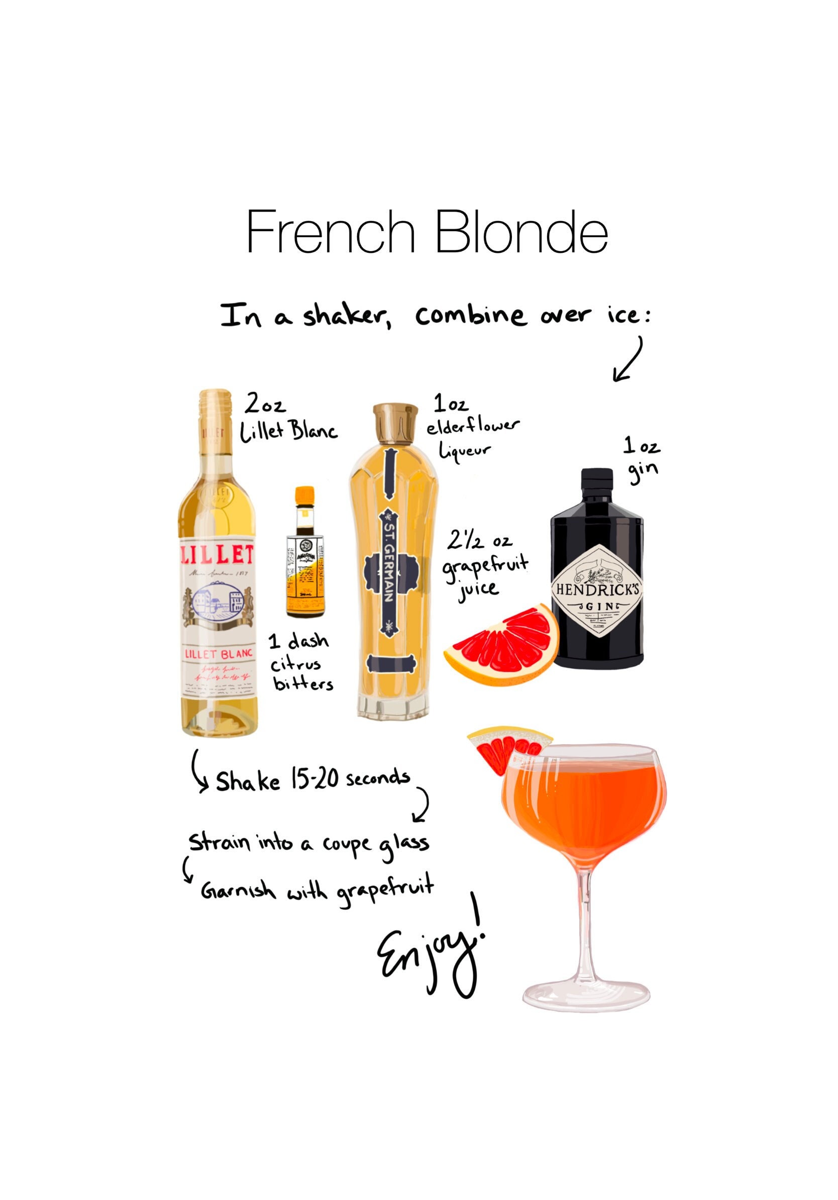 French Blonde Cocktail Recipe - Digital Illustration - Taylor Swift's Favorite Cocktail - Eras Tour Party Decor