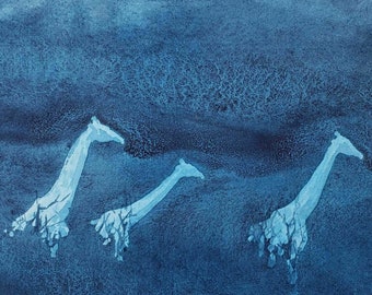 Giraffes at Night Watercolor, Original Painting, Nocturne, donation to conservation, Alison Nicholls