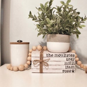 Family name stamped books, farmhouse books, custom stacked name books, grandmother, parent, Mothers Day gift, rustic modern bookshelf decor