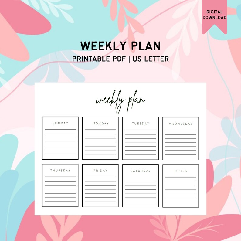 Weekly Plan Blank Calendar, Weekly Calendar, Horizontal Printable ...
