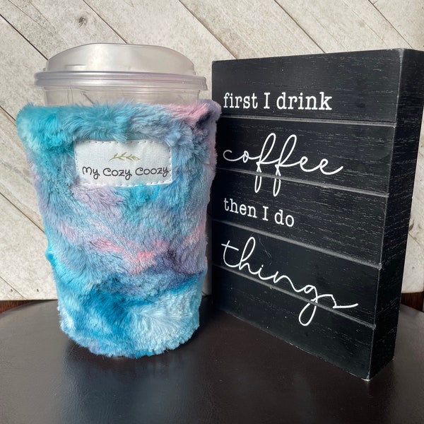 Pink and aqua faux fur iced coffee cozy reusable insulated fabric coffee sleeve super soft cozy medium/large size gift idea