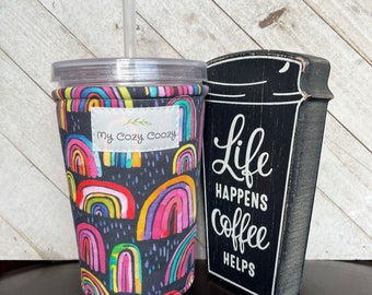 Watercolor smudges iced coffee cozy reusable fabric coffee sleeve medium size coffee cozy gift idea