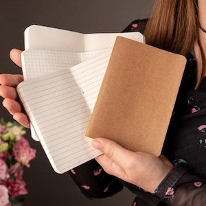 May include: Three small notebooks, one with lined paper, one with grid paper, and one with a brown paper cover.