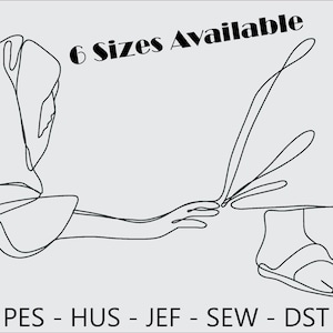 May include: Line art drawing of two people holding hands. The drawing is in black and white. The text "6 Sizes Available" is at the top of the image. The text "PES - HUS - JEF - SEW - DST" is at the bottom of the image.