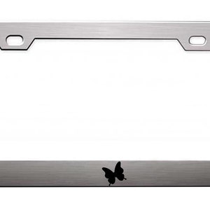 May include: A silver metal license plate frame with a black butterfly silhouette in the lower center.