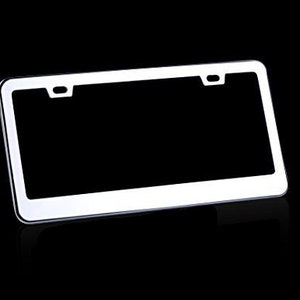 May include: A white metal license plate frame with rounded corners. The frame has two holes on the top and two holes on the bottom for mounting.
