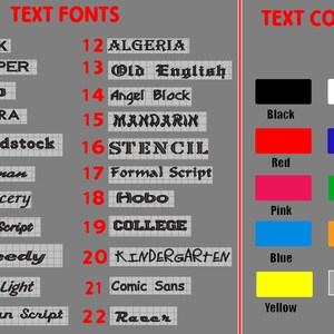 May include: A chart with a list of 22 different text fonts and their names, such as Block, Copper, Folio, Futura, Woodstock, and more. The chart also includes a color palette with 10 different colors, including black, white, red, pink, green, blue, orange, yellow, and grey.