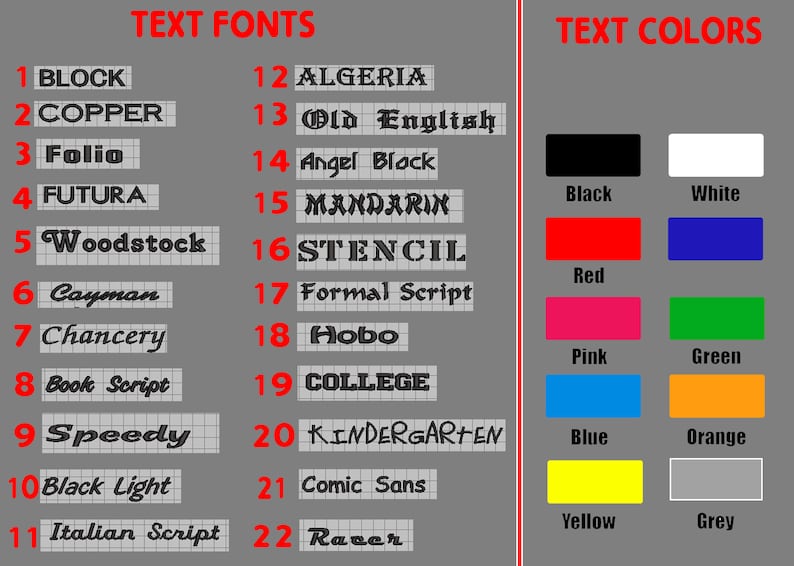 May include: A chart with a list of 22 different text fonts and their names, such as Block, Copper, Folio, Futura, Woodstock, and more. The chart also includes a color palette with 10 different colors, including black, white, red, pink, green, blue, orange, yellow, and grey.