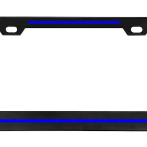 May include: Black metal license plate frame with a blue stripe across the top and bottom.
