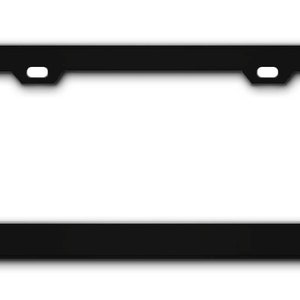 May include: Black metal license plate frame with rounded corners and two holes for mounting screws.