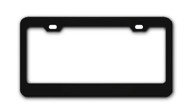 May include: Black metal license plate frame with rounded corners and two holes for mounting screws.
