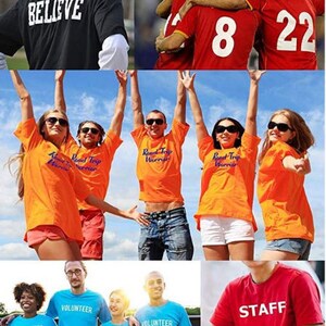 May include: A collage of images featuring people wearing t-shirts with various text. The shirts are in different colors, including black, red, orange, and blue. The text on the shirts includes "BELIEVE", "Road Trip Warriors", "VOLUNTEER", and "STAFF".