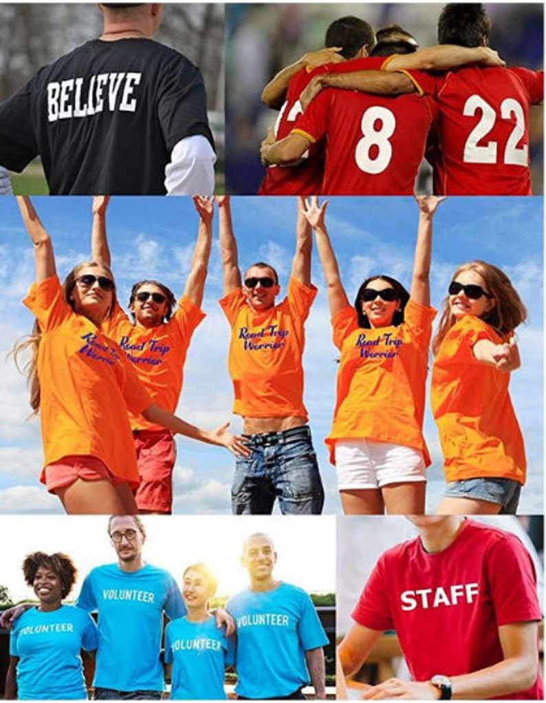 May include: A collage of images featuring people wearing t-shirts with various text. The shirts are in different colors, including black, red, orange, and blue. The text on the shirts includes "BELIEVE", "Road Trip Warriors", "VOLUNTEER", and "STAFF".