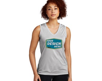 Könnte beinhalten: Ein graues ärmelloses V-Ausschnitt-Shirt mit einem türkisfarbenen und gelben Rechteck auf der Vorderseite, auf dem "YOUR DESIGN HERE" steht.
