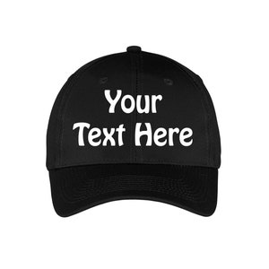May include: A black baseball cap with white text that says "Your Text Here".