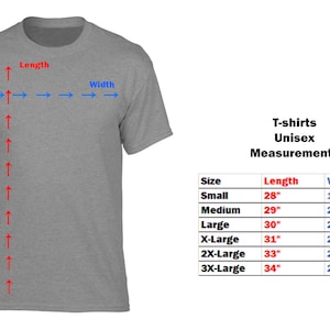 May include: A gray t-shirt with measurements for various sizes. The chart shows length and width in inches for sizes small through 3X-Large. The text reads "T-shirts Unisex Measurements."