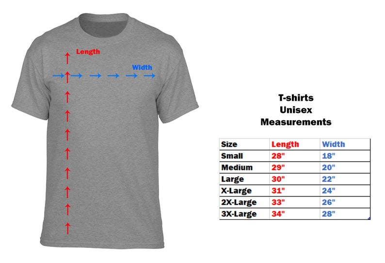 May include: A gray t-shirt with measurements for various sizes. The chart shows length and width in inches for sizes small through 3X-Large. The text reads "T-shirts Unisex Measurements."
