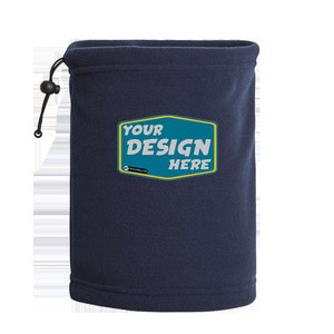May include: A navy blue fleece neck gaiter with a yellow and green rectangular design that says "YOUR DESIGN HERE".