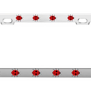 May include: Silver metal license plate frame with a white background and a border of red ladybugs.