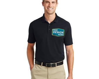 Könnte beinhalten: Ein schwarzes, kurzärmeliges Poloshirt mit einem türkisfarbenen und gelben Design, auf dem "YOUR DESIGN HERE" auf der linken Brust steht.
