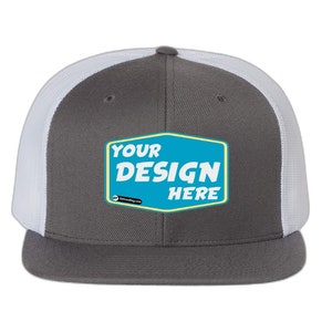 May include: A gray and white trucker hat with a blue and yellow patch that says "YOUR DESIGN HERE".