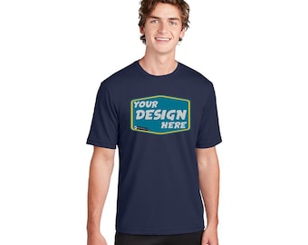 Könnte beinhalten: Ein marineblaues T-Shirt mit kurzen Ärmeln und einem türkisfarbenen und gelben Rechteck auf der Vorderseite, auf dem "YOUR DESIGN HERE" steht.