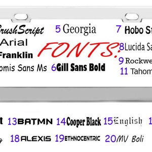 May include: A white background with a silver frame displaying a list of fonts with their corresponding numbers. The text "FONTS?" is written in red cursive. The fonts are: Brush Script, Arial, Franklin, Comis Sans Ms, Georgia, Gill Sans Bold, Hobo Std, Lucida Sans, Rockwell, Tahoma, Impact, BATMN, Cooper Black, English, Times New Roman, Burning, ALEXIS, ETHNOCENTRIC, MV Boli, and Arial.