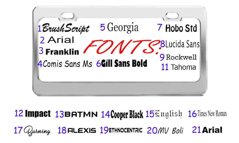 May include: A white background with a silver frame displaying a list of fonts with their corresponding numbers. The text "FONTS?" is written in red cursive. The fonts are: Brush Script, Arial, Franklin, Comis Sans Ms, Georgia, Gill Sans Bold, Hobo Std, Lucida Sans, Rockwell, Tahoma, Impact, BATMN, Cooper Black, English, Times New Roman, Burning, ALEXIS, ETHNOCENTRIC, MV Boli, and Arial.