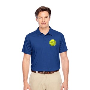 May include: A royal blue short-sleeved polo shirt with a yellow circle on the left chest that says "YOUR LOGO HERE".