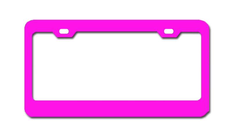 May include: A bright pink license plate frame with rounded corners and two holes at the top.