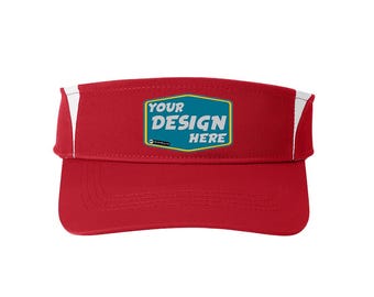 Könnte beinhalten: Rote Visier mit weißen Akzenten und einem blauen und gelben Patch mit der Aufschrift "YOUR DESIGN HERE".