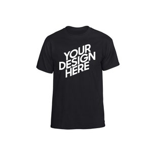 May include: Black t-shirt with the text "YOUR DESIGN HERE" in white, angled across the front. The shirt has a crew neck and short sleeves, suitable for casual wear.