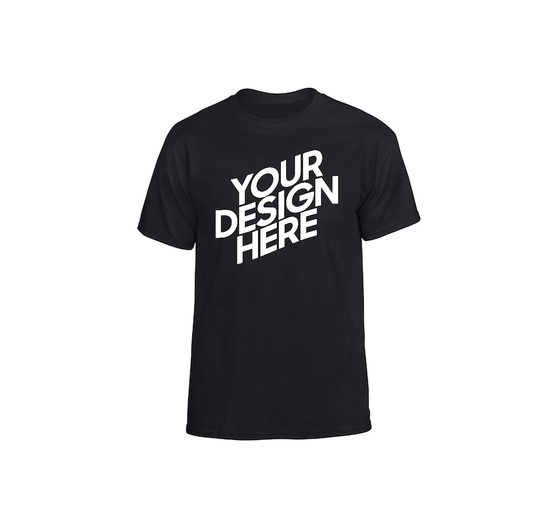 May include: Black t-shirt with the text "YOUR DESIGN HERE" in white, angled across the front. The shirt has a crew neck and short sleeves, suitable for casual wear.