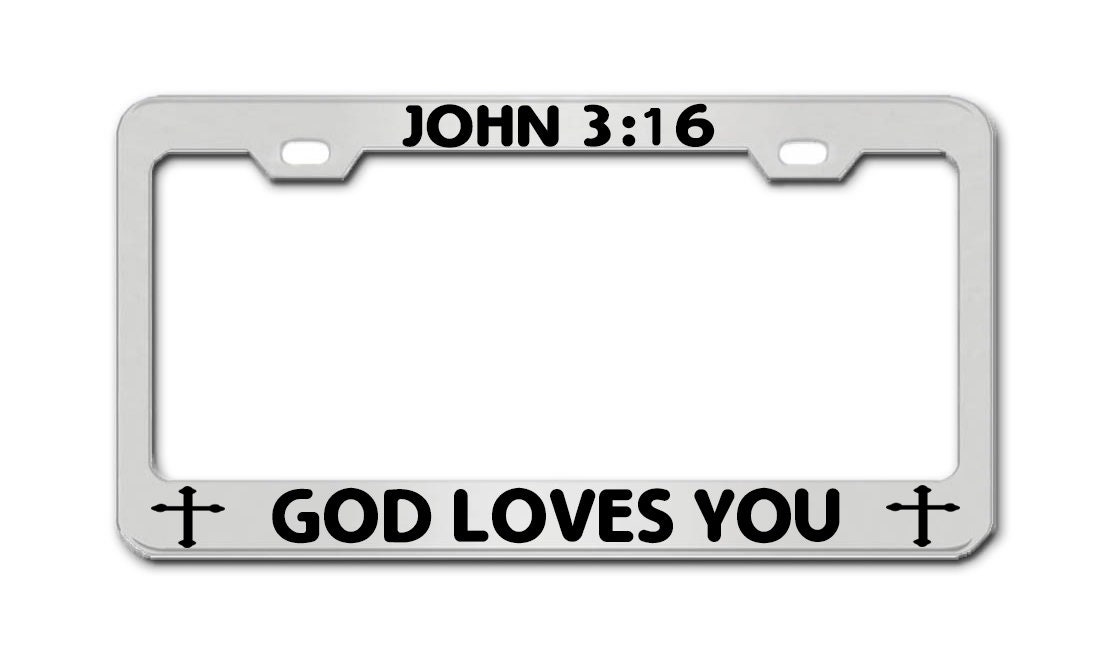 John 3:16 God Loves You Pray License Plate Frame Chrome Black Pink ...