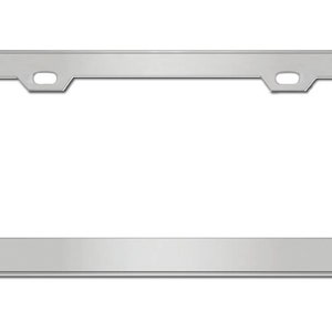 May include: A silver metal license plate frame with rounded corners and two holes at the top.