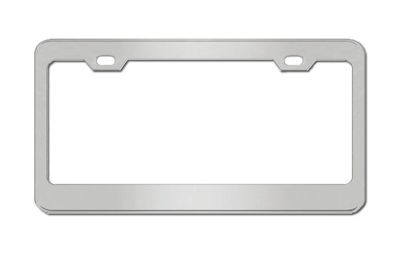 May include: A silver metal license plate frame with rounded corners and two holes at the top.
