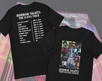 May include: Black t-shirt with a white graphic of a collage of horror characters from the "Horror Nights: The Icons Tour" at Universal Studios. The back of the shirt lists the characters and their first appearance years.