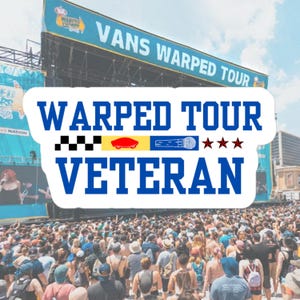 May include: Image of a large crowd at the Vans Warped Tour. A banner at the top reads "Vans Warped Tour". A white and blue graphic in the foreground says "Warped Tour Veteran" with various icons. The crowd is densely packed, with many people facing the stage.